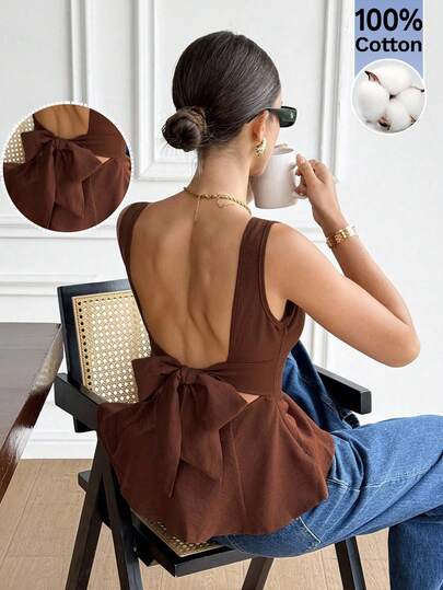 Serisse Women's Casual  100% Cotton Brown  Boat Neck Solid Color Backless Bow Decor Ruffle Hem Fashionable Versatile Vacation Date Night Sleeveless Blouse,Backless Top,Boho Vacation Casual Sleeveless Blouse,Brown Top ,Elegant Women's Blouses Brown Blouse Summer Tops,Summer, Valentine's Day, Carnival, Party ,Wedding ,Birthday, Elegant ,Vacation, Casual ,Summer Tops ,Fasching Women Costume