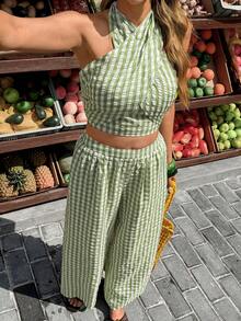 Serisse Women's Casual Vacation Green Plaid Criss-Cross Crop Halter  Top And Wide Leg Pants Casual 2 Pieces Set,Green Two Piece Set, Summer Pant Set, Boho Two Piece Set,Slimming Casual Set,Summer Vacation Outfits,Holiday Outfits For Women, Summer Outfits For Women , Holiday Outfits Western Wear Women Summer Holiday Outfits,Vacation Outfits For Women Resort, Summer 2 Piece Sets Woman Casual Two Piece Set Comfortable Two Piece Set - Green - View 5