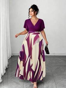 Elenzga Đầm maxi dáng rộng dành cho nữ cỡ lớn, phong cách Bohemian, thích hợp cho kỳ nghỉ biển, du lịch thường ngày, thanh lịch, cao cấp, với họa tiết hình học bất đối xứng đầy màu sắc, thời trang, quyến rũ, cổ tròn, tay bồng. - Màu tím - Xem 8