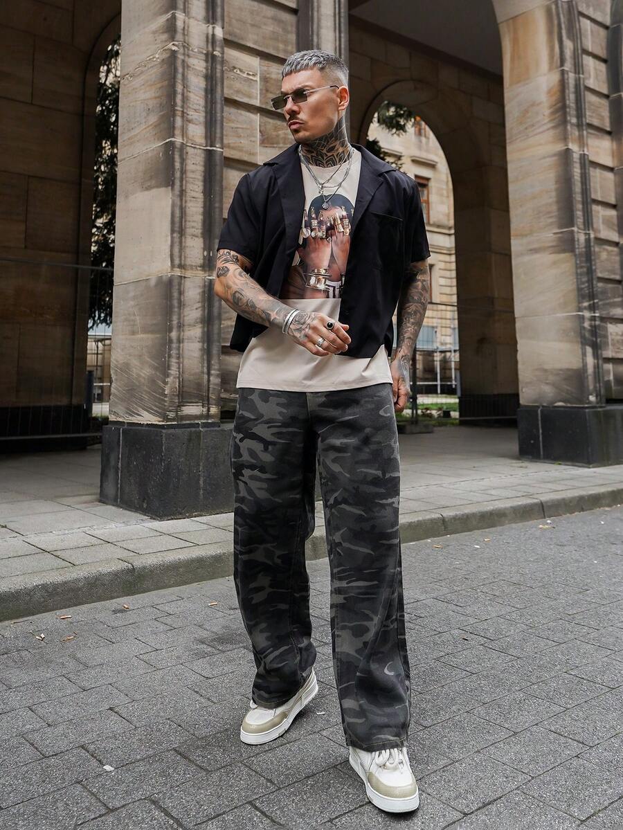 Artur Kramer 男士复古街头迷彩阔腿牛仔裤