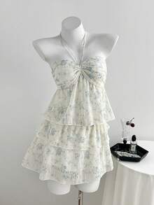 Elamini Women White And Blue Floral Summer Cottage Core Sexy Holiday Tea Party Golf Chiffon 2-Piece Set, Low-Cut Spaghetti Strap Backless Crop TopCake Skirt - Multicolor - View 1