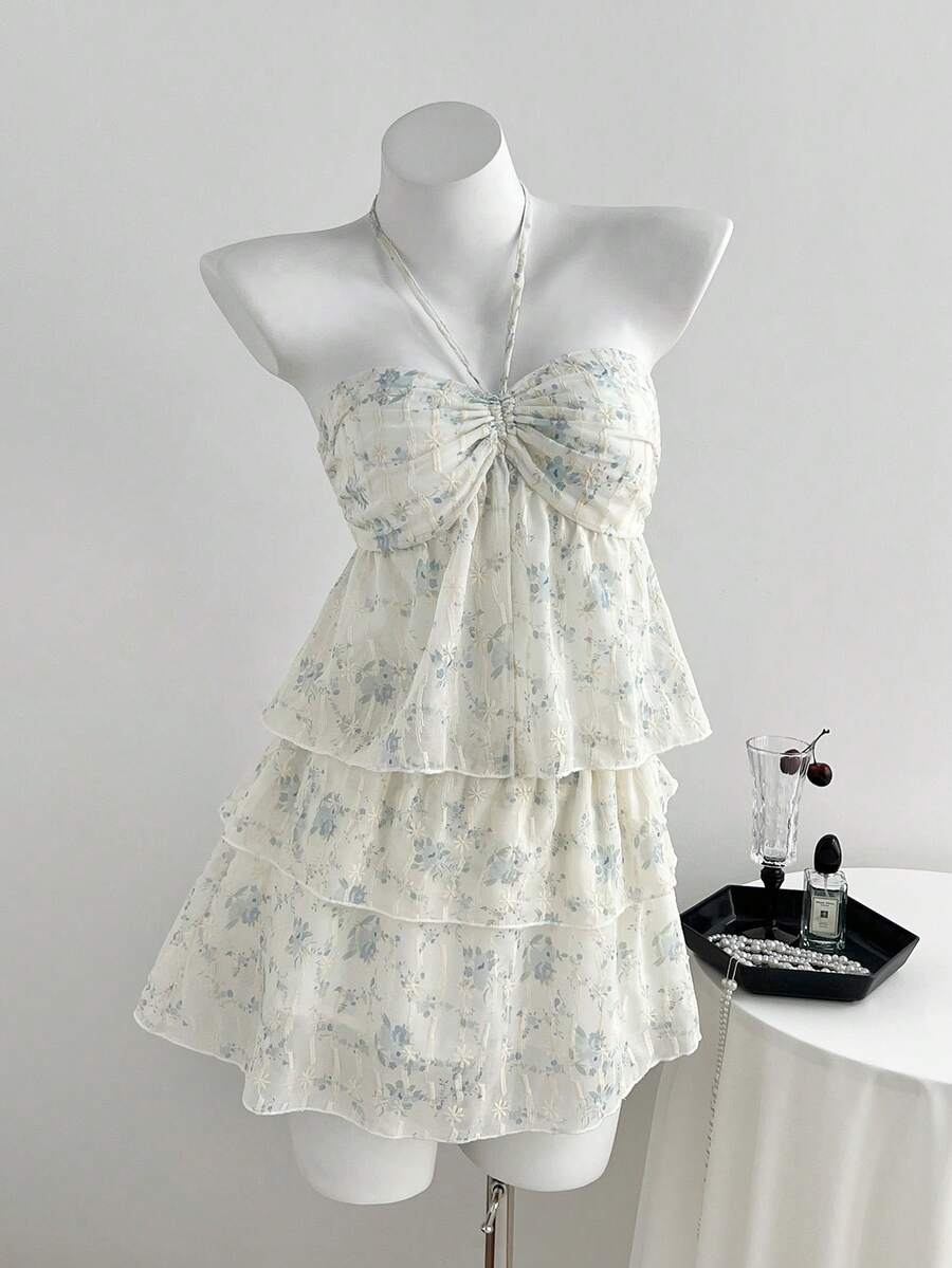 Elamini Women White And Blue Floral Summer Cottage Core Sexy Holiday Tea Party Golf Chiffon 2-Piece Set, Low-Cut Spaghetti Strap Backless Crop TopCake Skirt - Multicolor - View 1