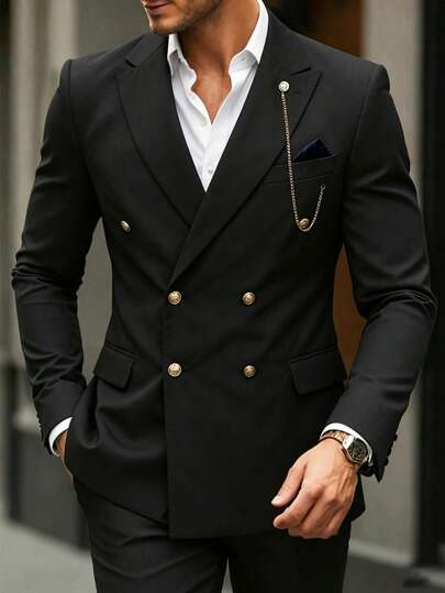 Manfinity Bizformal Men's Black Chain Decor Gentleman Business Wedding Suit Jacket