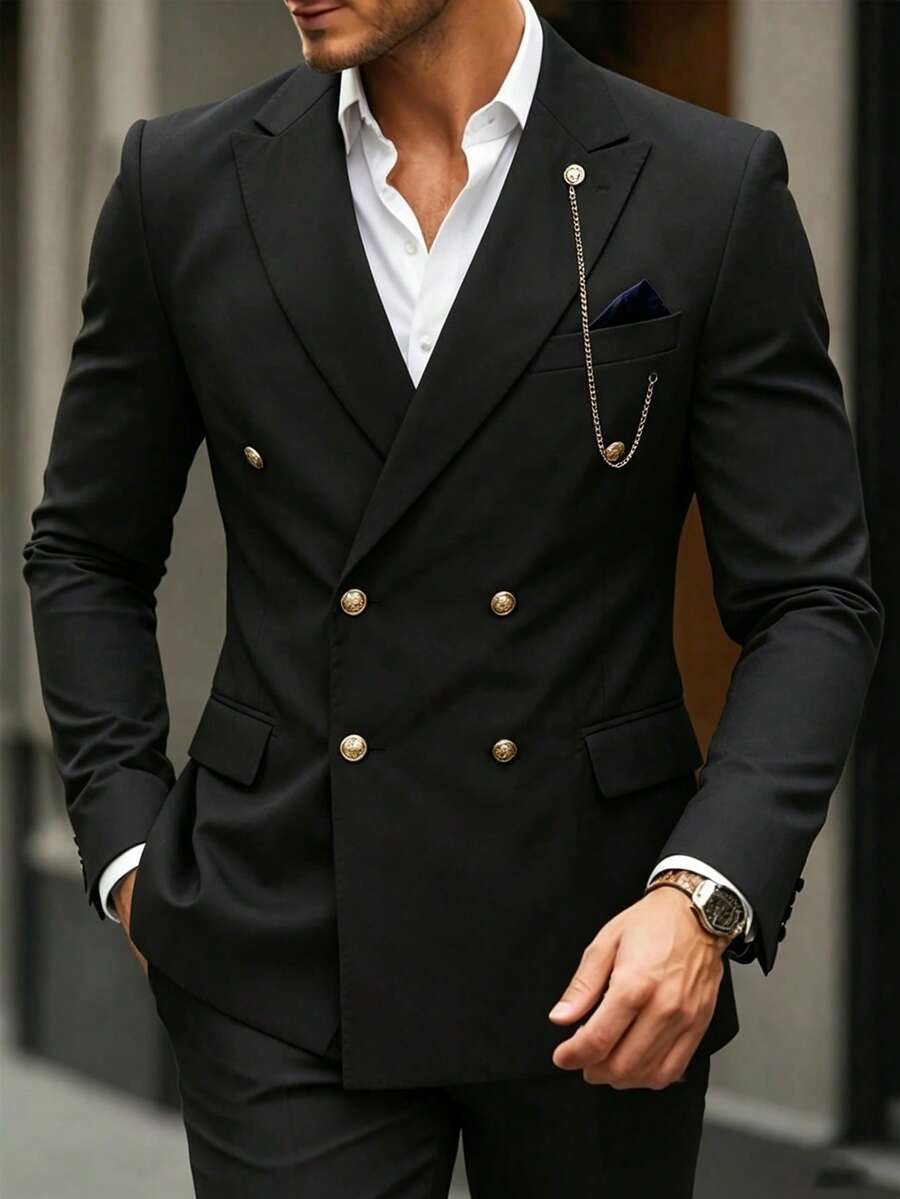 Manfinity Bizformal Chaqueta de traje de caballero de negocios para boda con decoración de cadena negra - Negro - Ver 1