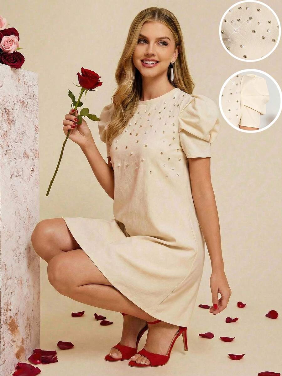 Amorya 夏季优雅女士杏色双色珍珠装饰泡泡袖收腰A字短袖迷你连衣裙 - 杏色 - 查看 1