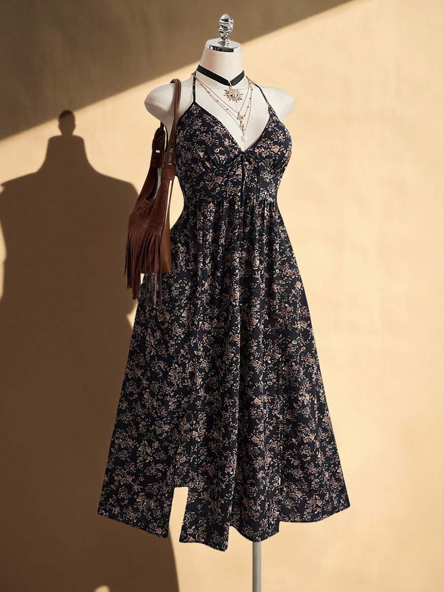SHEIN ICON 大码女式碎花V领开衩连衣裙 - 彩色 - 查看 1
