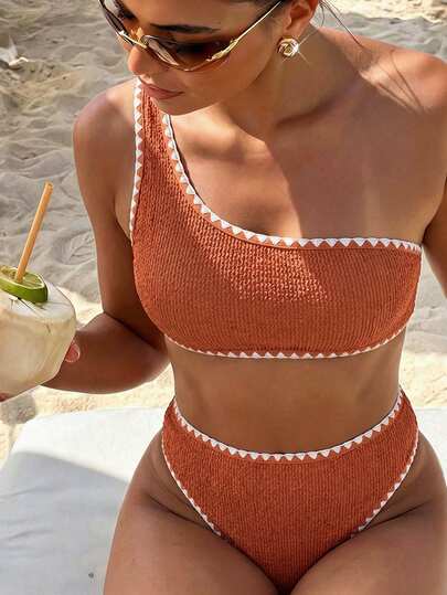 Bonvoyette Swim Chiccia Women's Rust Orange Smocked Textured One Shoulder High Waisted Bikini Set, Contrast Blanket Stitch Trim Swimsuit, Summer Beach Vacation Bathing Suit
