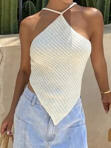 DAZY Áo thun nữ màu trơn ôm sát cổ yếm buộc dây phía sau, thích hợp cho kỳ nghỉ hè, đi biển, chất liệu dệt kim. - trắng - Xem 5