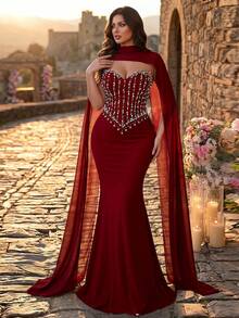 Aureia Plus-Size Burgundy Elegant Fishtail Sleeveless Mermaid-Style Dress With Rhinestone Embellishments, Made Of Stretch Fabric, Comes With A Shawl. Suitable For Weddings, Parties, Celebrations, Formal Occasions, Formal Weddings, And Formal Wear (Exquisite Design). Burgundy Winter Wedding Dress - Burgundy - View 6