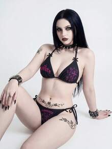 ROMWE Bộ đồ bơi nữ phong cách Gothic màu đen hình chữ thập 2026SS, thích hợp cho kỳ nghỉ, đi biển, thường ngày. - Nhiều màu - Xem 7