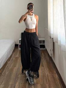 Muchica Women's Casual Fashion Street Chic Daily Commute Minimalist Versatile Black Drawstring Waist Wide Leg Pants Day Summer - Black - View 5