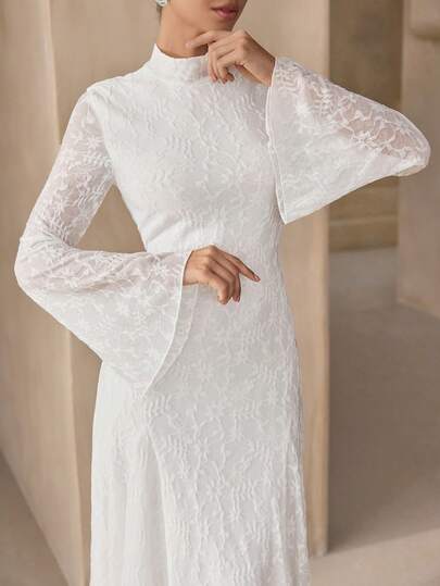 Graceveil White Jacquard High Collar Cinched Waist Flared Dress, Elegant French Style Formal Gown For Wedding