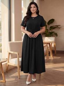 SHEIN Lady CURVE 大码女士夏装短袖连衣裙黑色连衣裙休闲女装夏季连衣裙女士节日连衣裙 - 黑色 - 查看 4