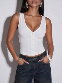Normani Women's White Tank Top, Summer V-Neck Casual Sexy Top, Simple And Basic Style. Vest Tops Women Golf White - White - View 7