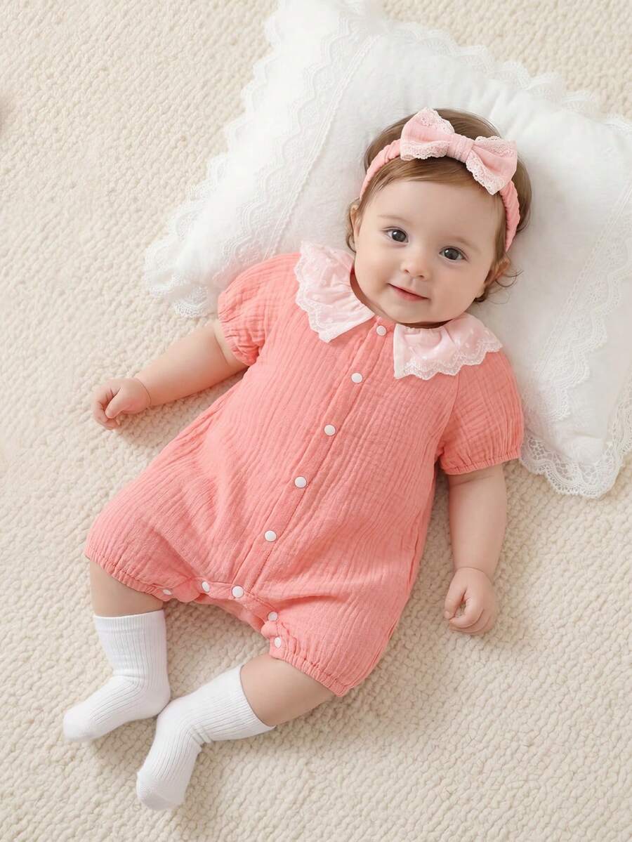 SHEIN Newborn Baby Girl Summer Lace Hollow Floral Collar Front Snap Romper