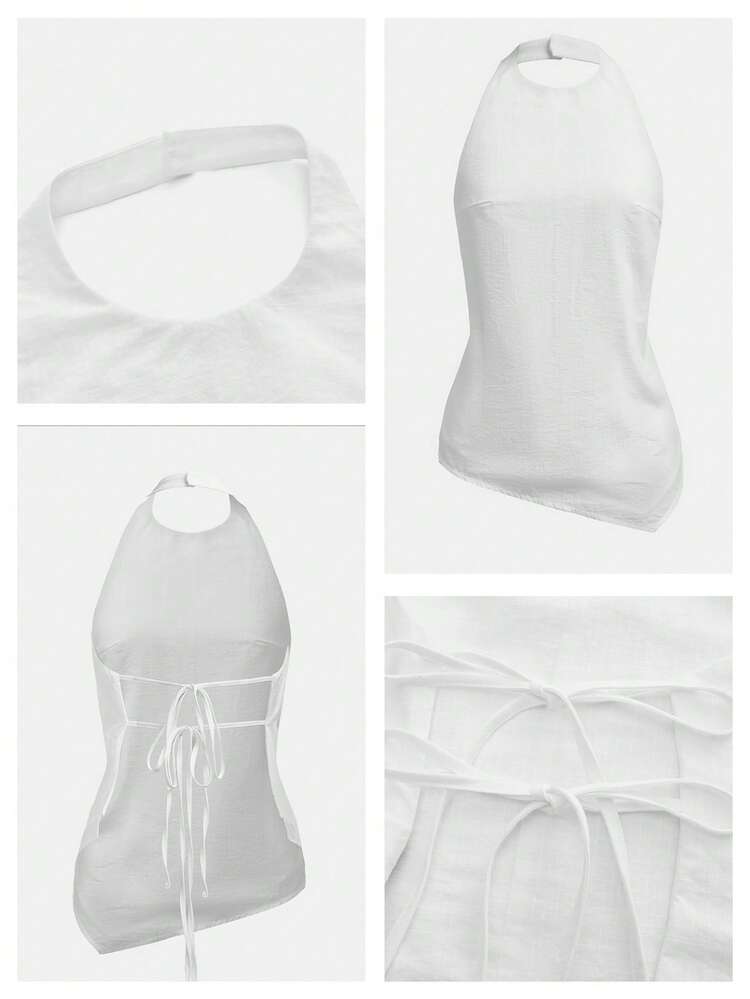SHEIN Maija All White Summmer Chic Women's 100% Cotton Halter Neck Backless Tie Strap Top,Casual Relaxed Fit Night Out,Modest Urban Holiday Festival Vacation Tops