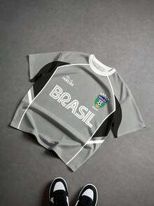 Manfinity Campus Court Áo đấu bóng đá Brazil BRASIL chữ vàng và xanh lá cây kiểu retro, áo tập bóng đá cổ tròn dáng rộng phối màu vàng và xanh lá cây tương phản, áo thun in hình dành cho nam/nữ, áo thể thao mùa hè cho nam, trang phục bóng đá. - Nhiều màu - Xem 4