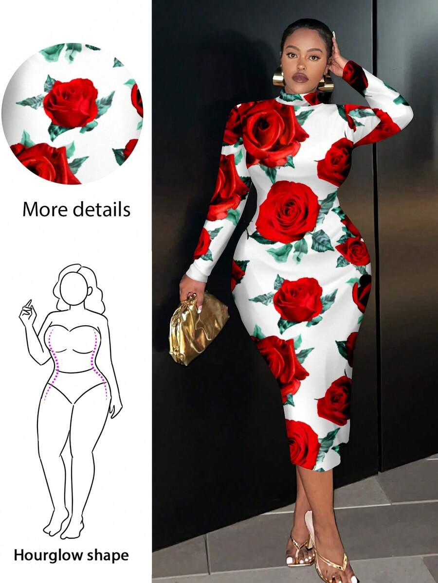 Hourglow Vestido ajustado de manga larga con cuello redondo y gran gráfico de rosa, de estilo minimalista y casual para tallas grandes - Multicolor - Ver 1