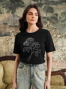 Anewsta Rhinestone Decor Round Neck Black Casual Short Sleeve T-Shirt, Summer - Black - View 3