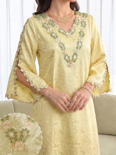 Al Najma V-Neck Embroidered Lace Patchwork Elegant Jacquard Slit Sleeve Loose Aging-Reducing Elegant Dress For Women