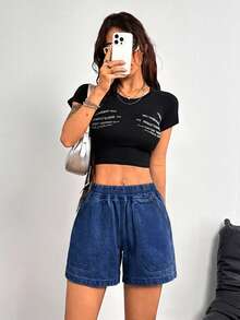 SHEIN PETITE Quần short denim nữ dáng rộng, cạp chun, có túi, kiểu dáng thường ngày. - Rửa tối - Xem 3