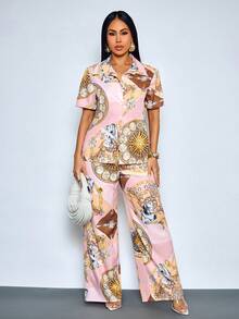 SOLERSUN Conjunto casual de primavera/verano para mujer: Camisa holgada de manga corta con botones y estampado en tono rosa-marrón, con abertura frontal y cintura elástica, y pantalones rectos. - Rosa - Ver 6