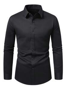 Manfinity Mode Camisa formal de manga larga casual de un solo pecho de unicolor para hombres, ceremonia - Negro - Ver 3