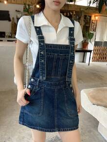 DAZY Rok Terusan Denim Wanita dengan Kantong dan Kancing - Biru - View 6