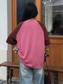 Muchica Casual Minimalist Fuchsia And Brown Color Block Women T-Shirt, Suitable For Spring And Summer,Summer Top - Multicolor - View 2