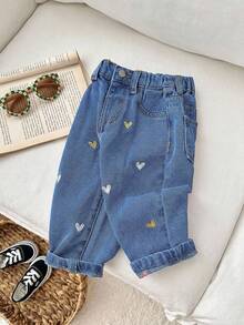 SHEIN LMoss Kids Quần jean denim dáng rộng cho bé gái, có thêu hình trái tim và túi quần. - Rửa trung bình - Xem 7