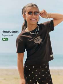 GLOWMODE Áo thun trẻ em bằng cotton Pima, nhẹ, thoáng khí, co giãn, dáng rộng, in hình họa tiết phía trước, thích hợp mặc hàng ngày. - màu nâu - Xem 1
