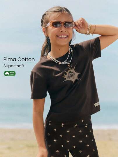 GLOWMODE Áo thun trẻ em bằng cotton Pima, nhẹ, thoáng khí, co giãn, dáng rộng, in hình họa tiết phía trước, thích hợp mặc hàng ngày.