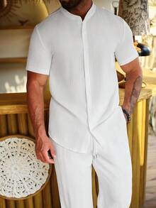 Manfinity Homme 男士白色夏季休閒兩件套，緹花短袖立領襯衫與抽繩腰寬鬆直筒長褲，度假度假穿搭，正式 - 白色 - 查看 3