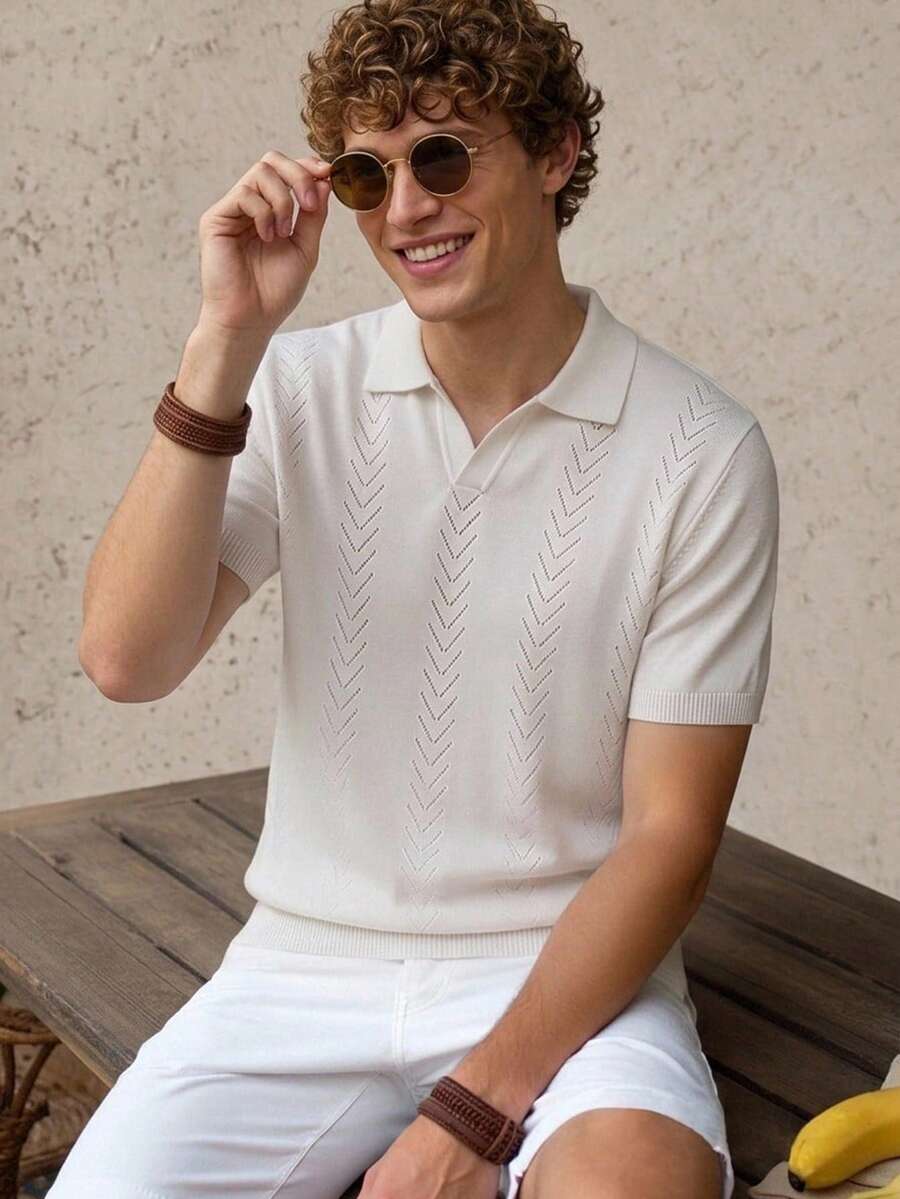 Manfinity CityGents Old Money 男士夏季度假純白色針織短袖 Polo 衫，休閒海灘度假夏威夷熱帶復古復古針織上衣