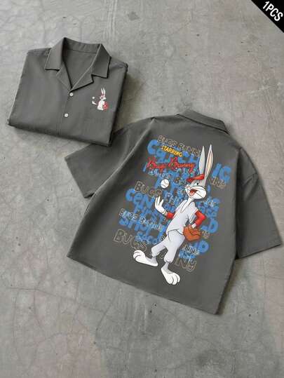 LOONEY TUNES X SHEIN PAVTROS Collaboration Shirt, World Cup Pattern, Men's Short Sleeve Shirt, Unisex Design, For College Campus, Gift For Him, World Cup Gift. Suitable For Casual, Streetwear, Outdoor Activities, Theme Parties, Etc.