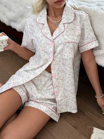 CottageSlumber Romantic Ditsy Floral Lapel Short Sleeve Shorts Pajama Set
