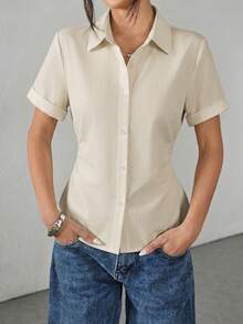 SHEIN Comfortcana Plus Size Casual Solid Color Shirt, Summer - Apricot - View 3