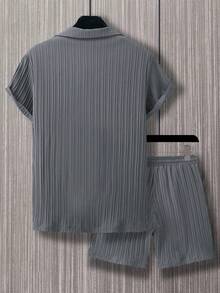 Manfinity Homme Men's Short Sleeve Single-Breasted Shirt And Shorts Casual 2 Pieces Set - Dark Grey - View 2