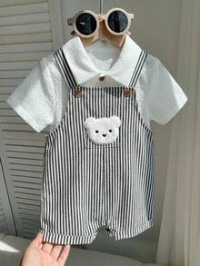 SHEIN 2件套男/女婴舒适休闲可爱白色短袖衬衫和条纹背带短裤套装，适合室内、室外、日常、运动、玩耍、派对、拍照、度假、春夏穿着。 - 彩色 - 查看 3