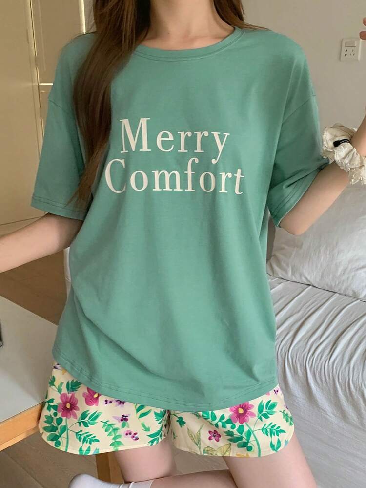 Women's Summer Letter Graphic Print Loose T-Shirt Top & Botanical Pattern Cropped Shorts Pajama Set