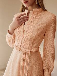 MOTF PREMIUM VESTIDO ELEGANTE DE ENCAJE Y PARCHES DE LONGITUD MEDIA PARA MUJER - Rosa vieja - Ver 3