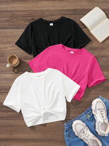 SHEIN 3件套 少女纯色圆领修身短款扭结针织休闲T恤 - 玫紅色 - 查看 6