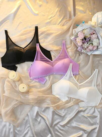 SHEIN Soutien-gorge sans armatures courbe à patchwork en maille pour grandes tailles