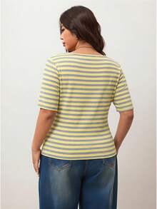 Enliva Plus-Size Women's Striped Square Neck Short-Sleeved T-Shirt,High-Elasticity Slim-Fit Skin-Friendly Yellow Summer Smart Casual Everyday Rounded Figures - Multicolor - View 3