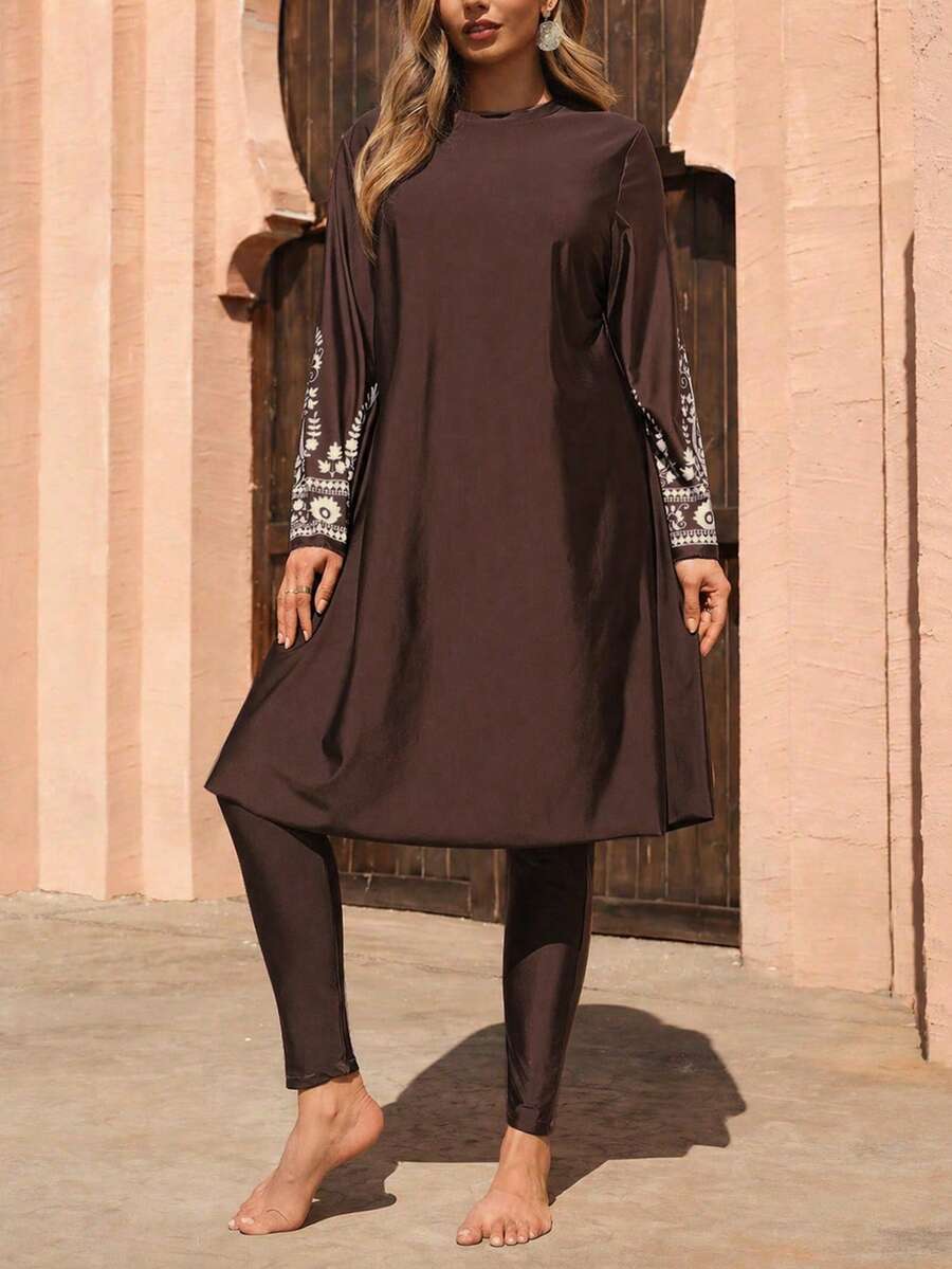 Swim Mulvari Plus Size Women's Burkini Set, Digital Printed Floral Pattern, Suitable For Summer Beach, Resort, Swimming Pool - Multicolor - View 1