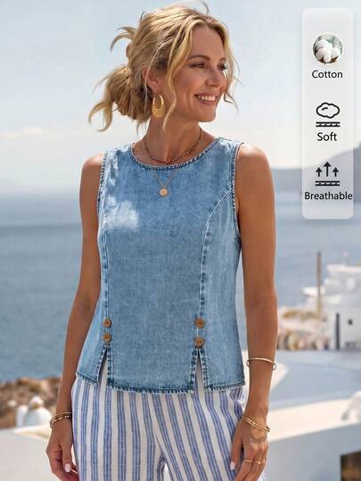 Faunlyn Women's Casual Versatile Round Neck Denim Top For Daily Wear,Light Wash Denim Sleeveless Top With Side Buttons And Slit Hem,Casual Denim Tank Top With Decorative Buttons And Split Hem,Light Wash Denim Blouse With Round Neck And Side Vents,A Light Wash Denim Sleeveless Top Featuring A Round Neckline, Decorative Buttons On Both Sides, And Subtle Slits At The Hem. A Versatile, Casual Piece Perfect For Everyday Wear,SleevelessTop, LightWashDenim, SideButtons, SlitHem, RoundNeck, CasualChic, EverydayOutfit
