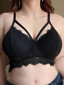 Dazy Plus Sutiã Elegante com Recortes de Renda Plus Size para Mulheres - Preto - Visão 5