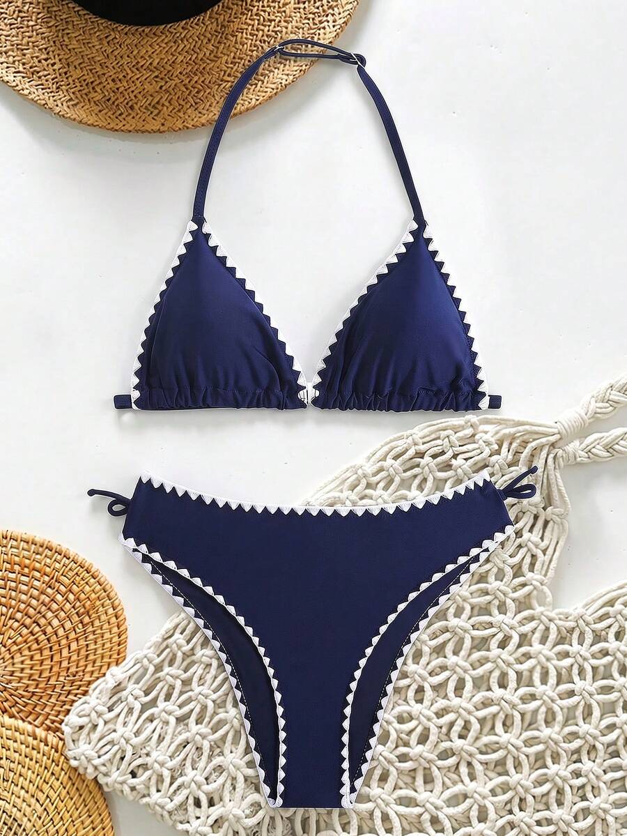SHEIN Teen Girl Tankini Swimwear Set, Contrast Color Shell Decor Spaghetti Strap Crop Top & Bottoms, For Beach Holiday, Summer - Royal Blue - View 1