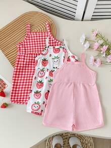 SHEIN Playful Pals 3pcs/Pack Baby Girls' Summer Cute Pink Rompers,Soft Comfortable Hibiscus Floral Strap Round Neck Casual Tropical Versatile Vacation Beach Rompers - Multicolor - View 3