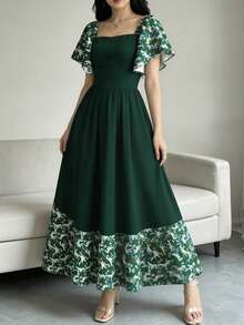 Vestido midi de manga corta con cuello cuadrado y estampado floral, vestido de longitud media con cintura ceñida, vestido largo con estampado floral en negro - Multicolor 12 - Ver 4